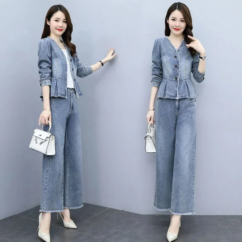 2023New Retro V-Neck Denim Jacket Wide-Leg Pants Suit Women\'s Spring Autumn Long-Sleeved Jacket Two-Piece Suit Female Sets Jeans