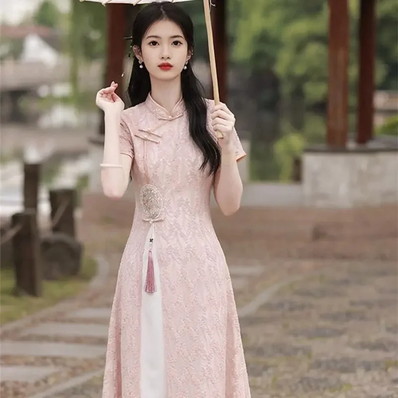 

Korean Women Lmprovement Of Lace Cheongsam 2025 Ladiese Fashion Short Sleeve Maxi Dress Summer Female Embroidered Long Dresses