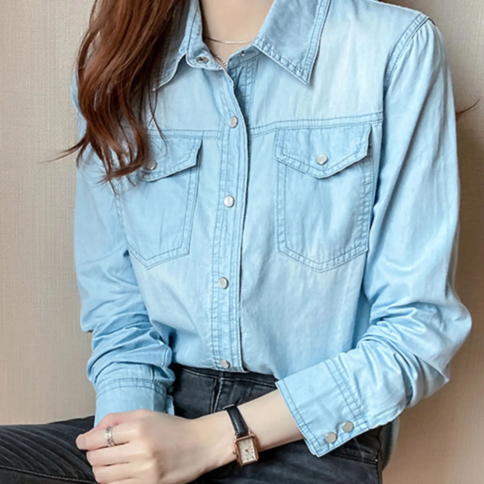 Fashion Classic Slim Fit Women\'s Denim Shirts Chic Korean Style Turn Down Neck Button Down Deep Blue Jeans Blouses All-match