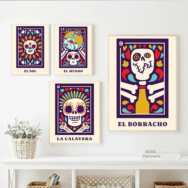 Scheletro messicano Vintage La Catrina Muertos Tarot Day of The Dead Art Poster Canvas Painting stampe murali Picture Room Home Decor