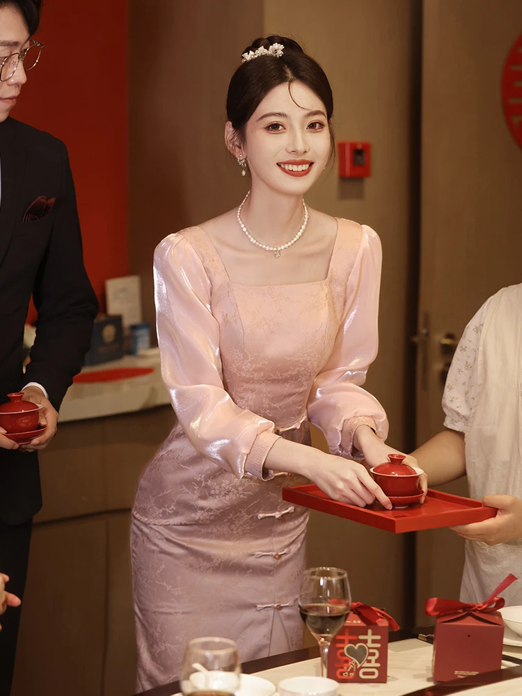 

Pink Wedding Dr Long Sve Luxury Sensation Marriage Clothes for Engagement Chinese Sle Cus-Made Gown