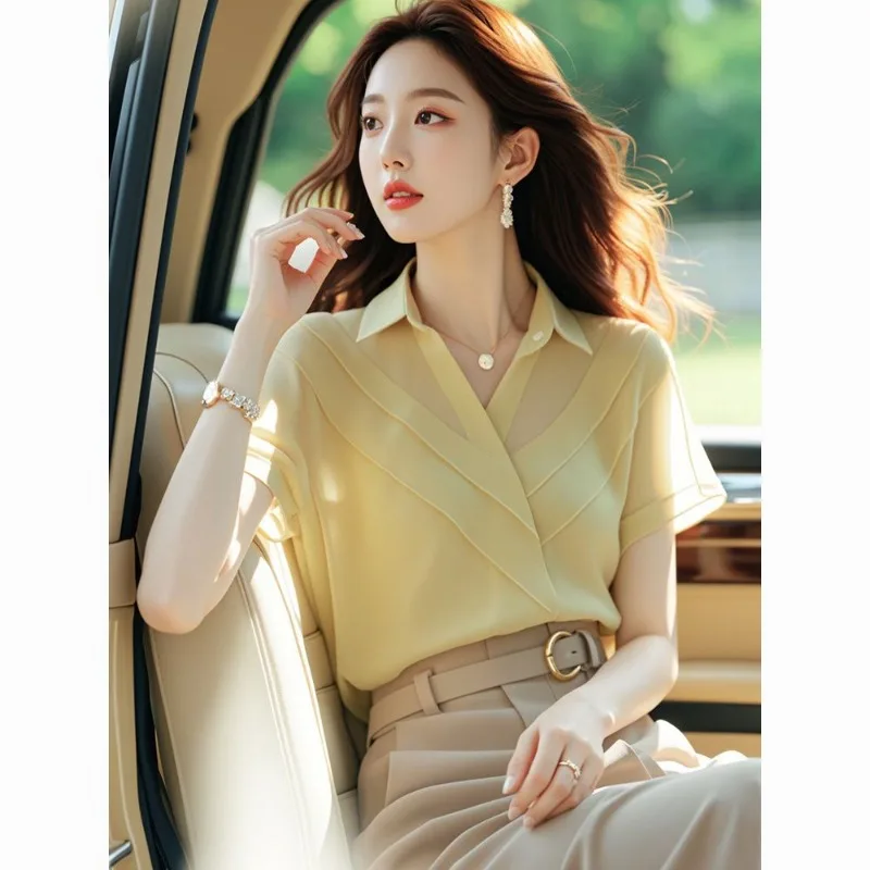 

Women Summer Simplicity Office Lady Polo Collar Solid Color Short Sleeve Shirts Ladies Fashion Temperament All-match Casual Tops