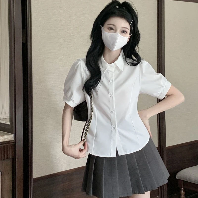 2024 JK Puff Sleeve Shirts Women Korean Fashion Back-bandage Sweet Crops Blusas Summer Ins High Street Y2k Solid Hotsweet Lolita