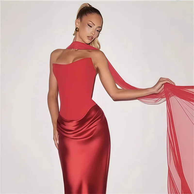 

Красное атласное макси-платье без бретелек, драпированное облегающее вечернее платье, женское вечернее платье для торжественных мероприятий и выпускных вечеров с шифоновым шарфом, новинка в наличии