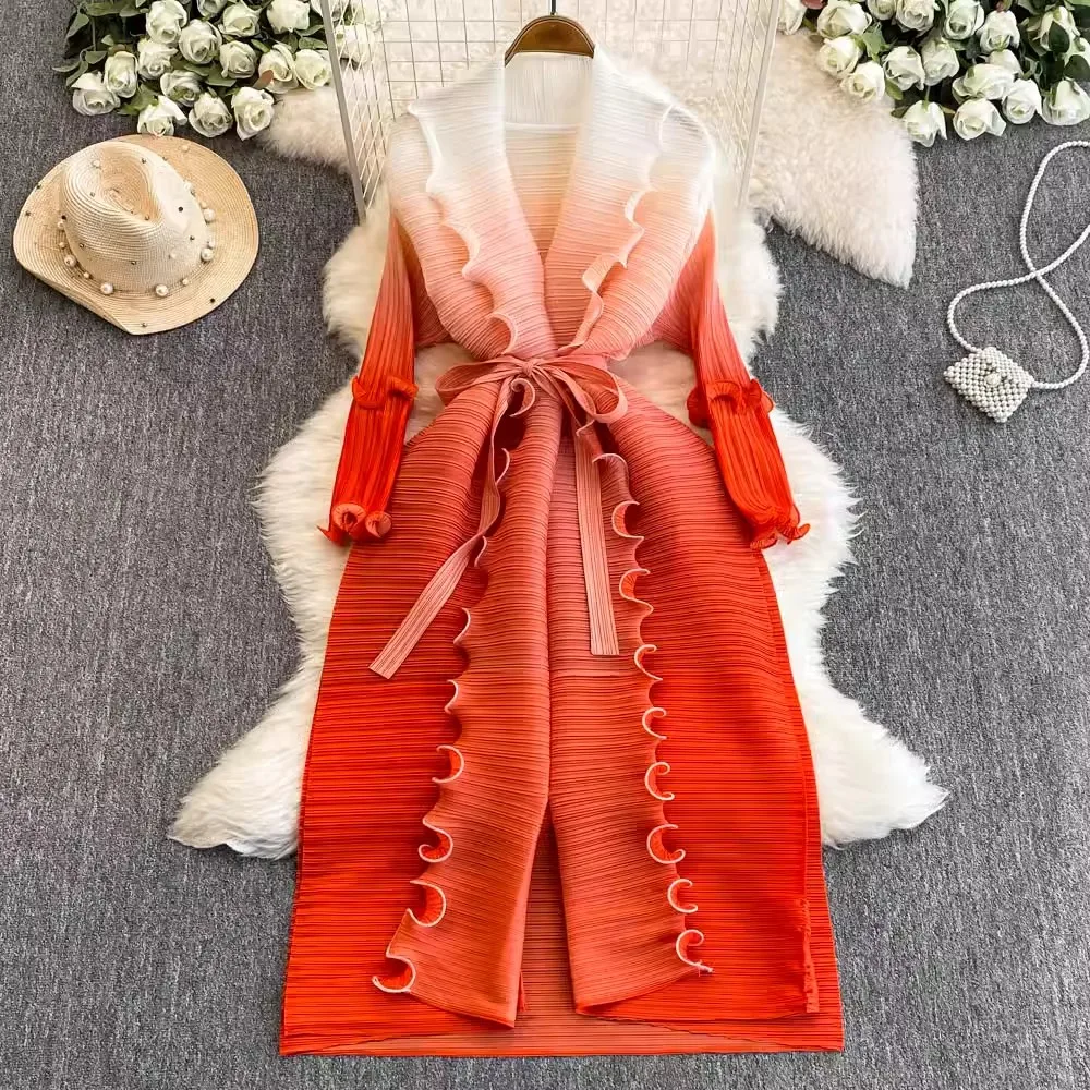 Miyake Pleated Maxi Long Dress Solid Ruffles Full Sleeve with Belt Formal Dresses Coat for Women 2024 Summer New Hot Sales