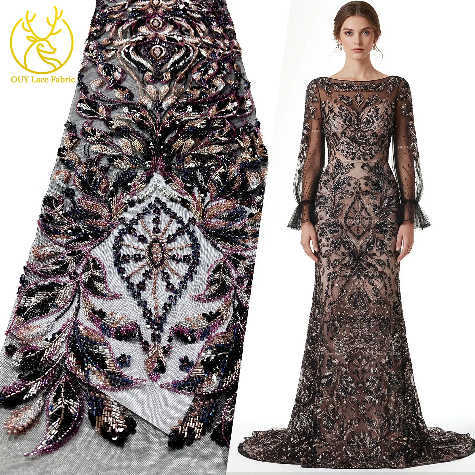 Grüner luxuriöser afrikanischer schwerer Perlen-Spitzenstoff 2026 Hochwertiger nigerianischer Tüll mit Pailletten und Spitzenstoff für Kleid Haute Couture – Detail 5