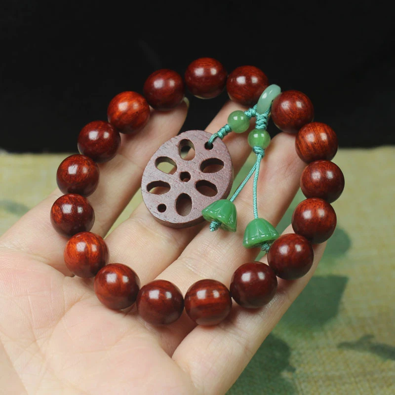 Zambian rosewood and blood sandalwood bracelet with lotus root pendant, green lotus seed beads for men and women, Buddhist praye