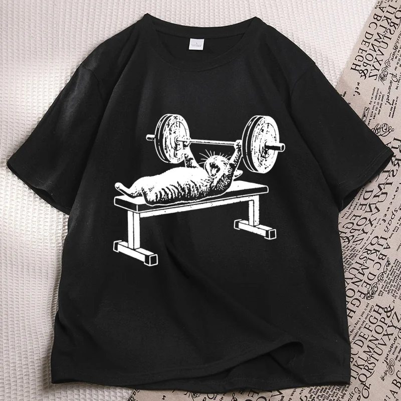 

Funny Cat Gym T Shirt Men Women Cotton Short Sleeve Workout T Shirts Funny Bench Press Cat Meme T-shirt Gym Pump Cover Tshirts