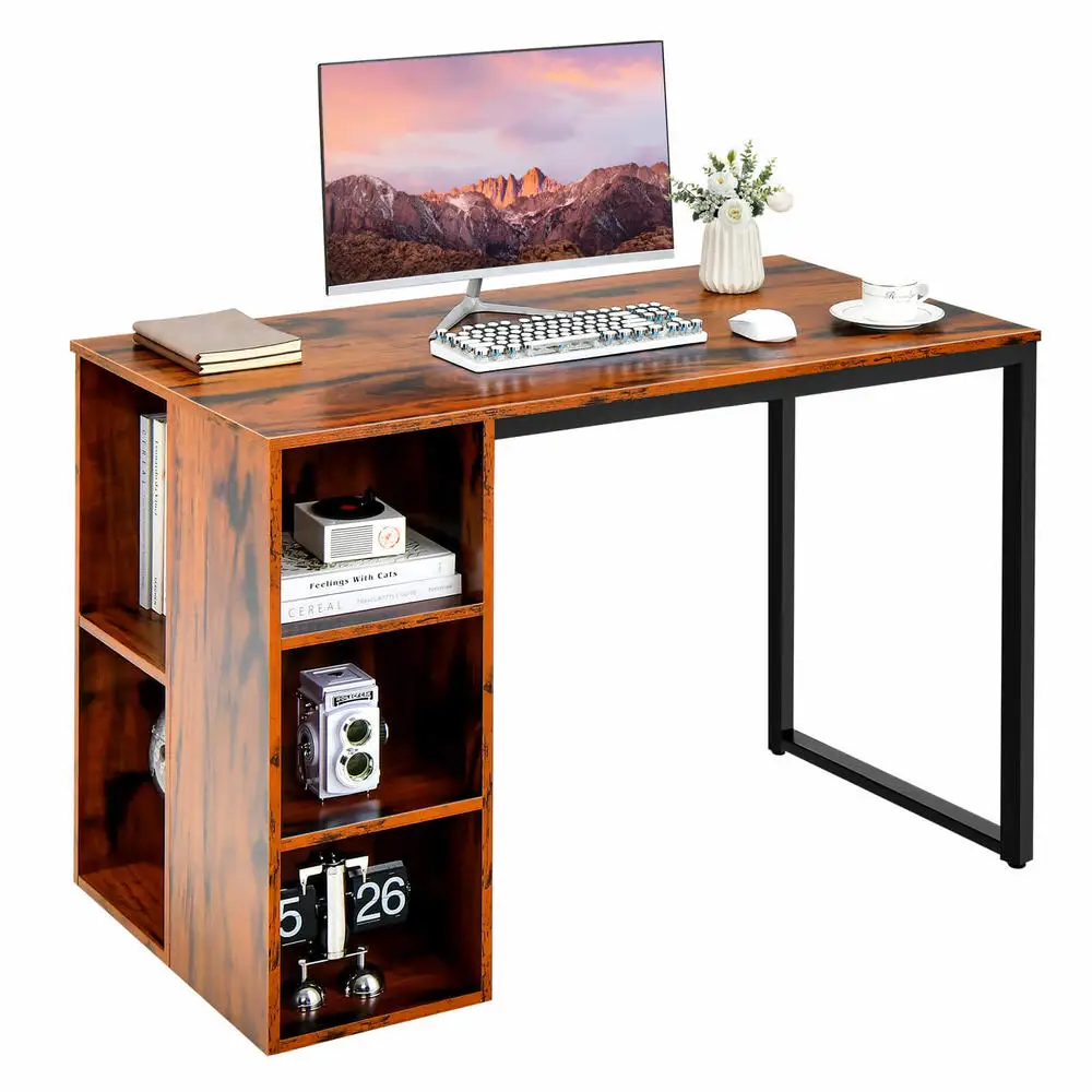 Computer Desk With 5 Side Shelves, Sturdy Metal Frame, Spacious Desktop, High Leg Design For Home Office And Study, Rustic Brown