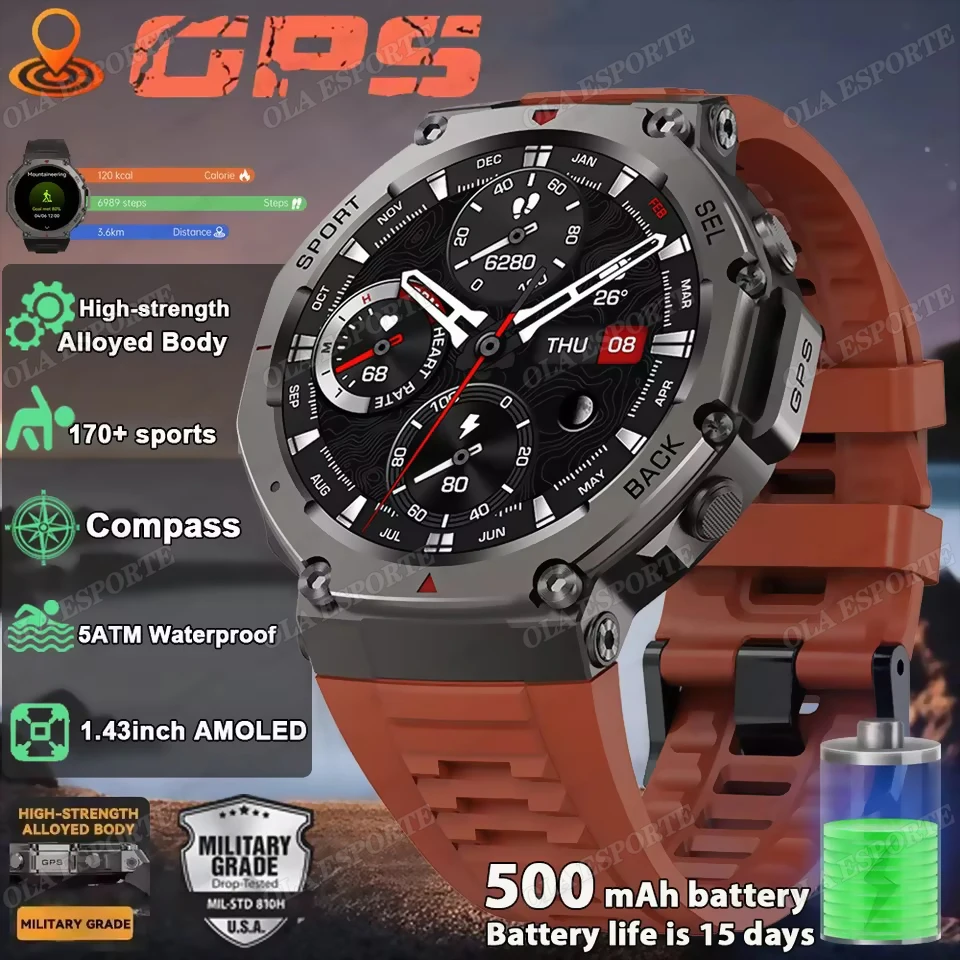 2025 New Built in GPS Outdoor SmartWatch 10ATM Waterproof Swim Compass Altimeter Sport Mode Bluetooth Call Men T-REX3 Smartwatch
