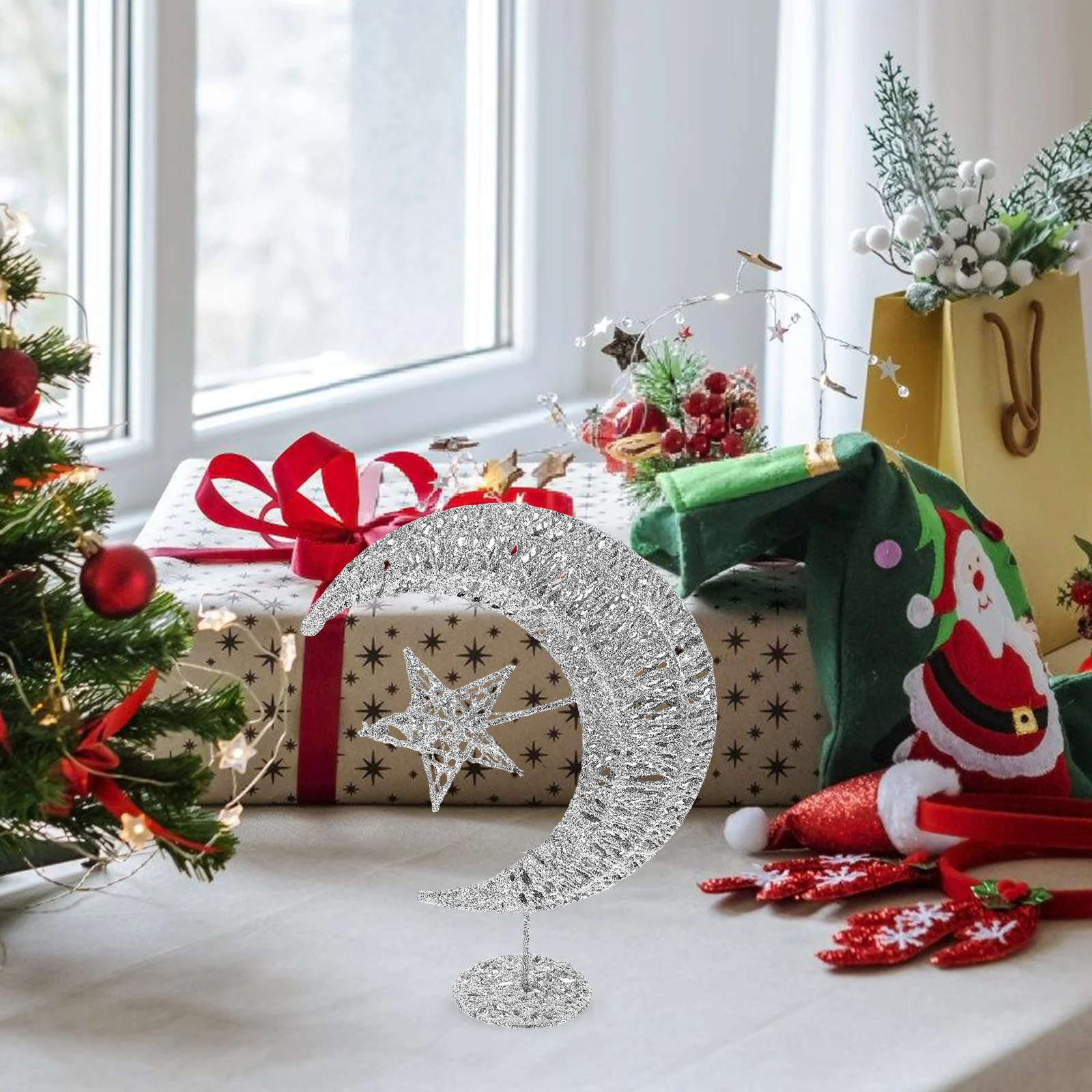 

Glittering Star and Moon Tree Topper 20Cm Silver Premium Iron Christmas Tree Ornament for Home Office Decor Wedding Party