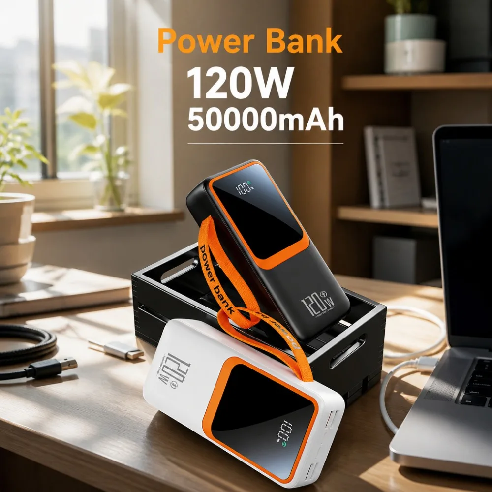 120W 50000mAh Power Bank120W with Built-in Cables Digital Display Portable Charger For iPhone Samsung Xiaomi