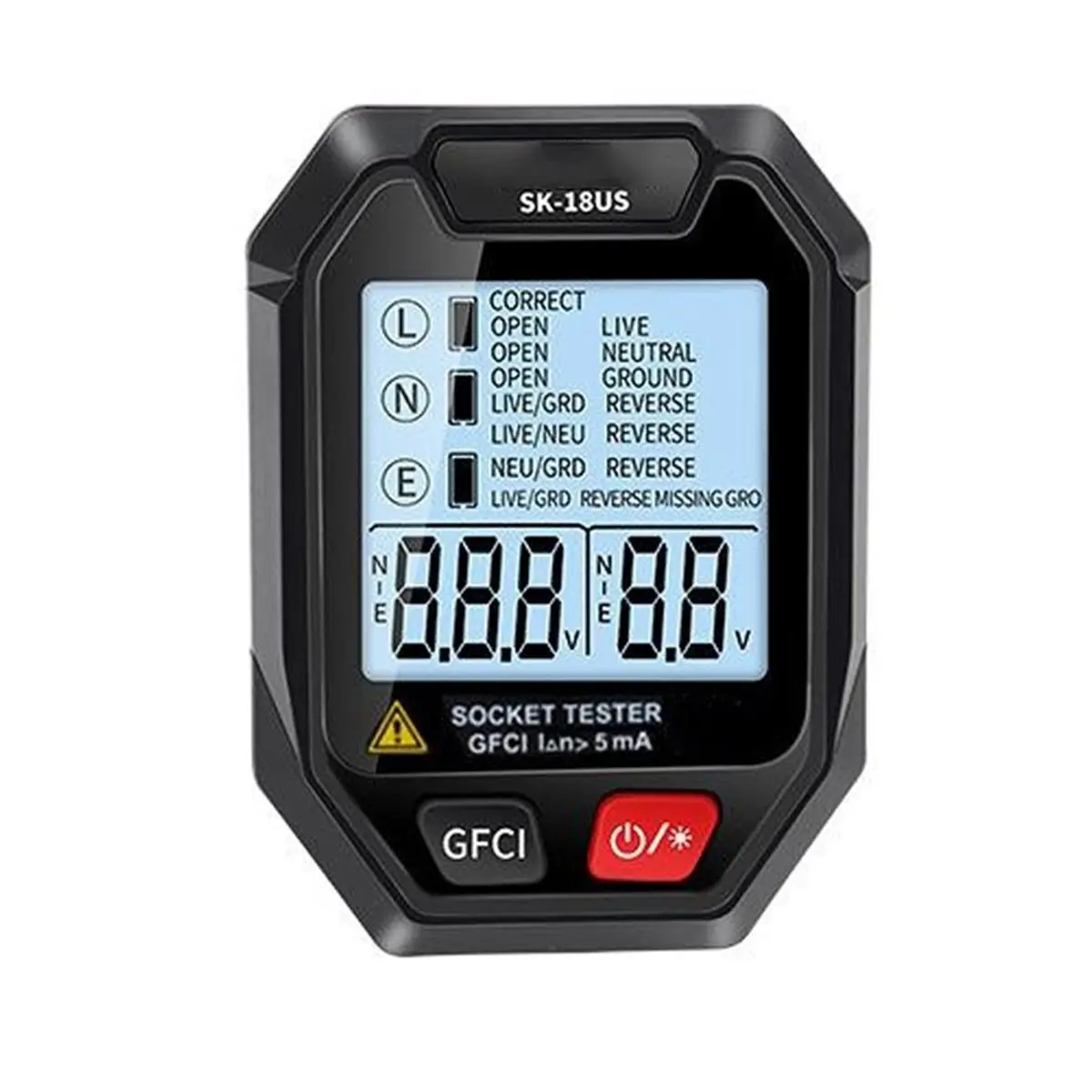 N86R Outlet Detector Battery Powered Smart Sock Detector Backlit Display US Ground Live Neutral Wire Polarity Phase Check