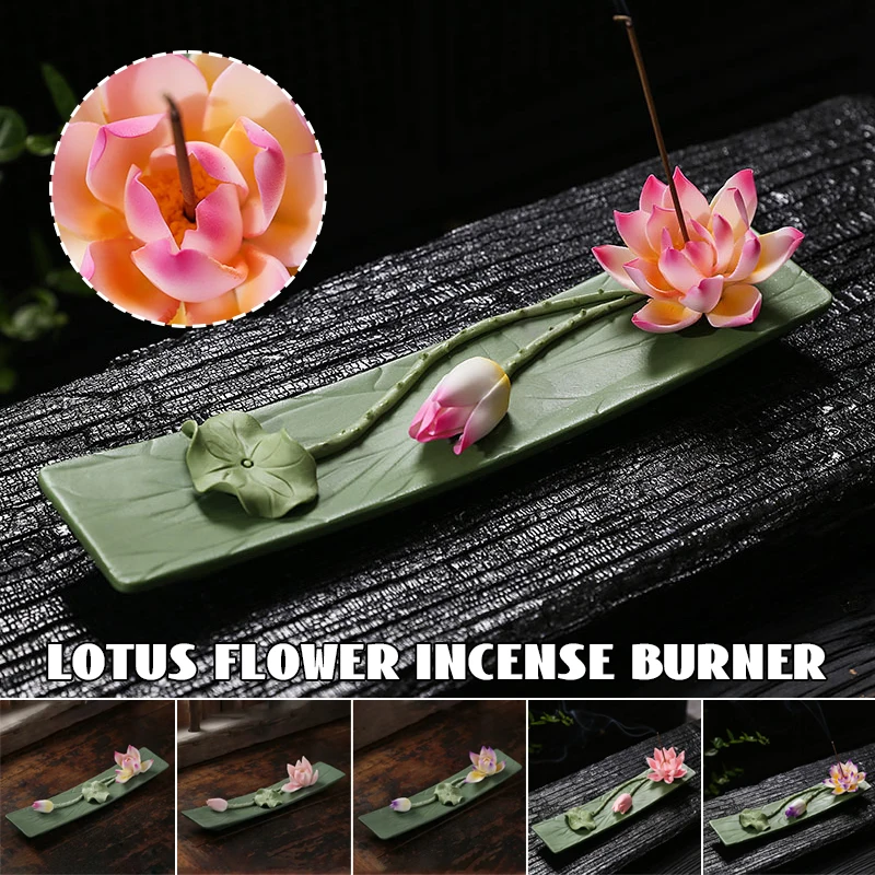 Elegance Lotus Ceramic Incense Burner Chinese-style Zen Creative Handmade Lotus Ornaments Stove Censer Holder Home Decoration