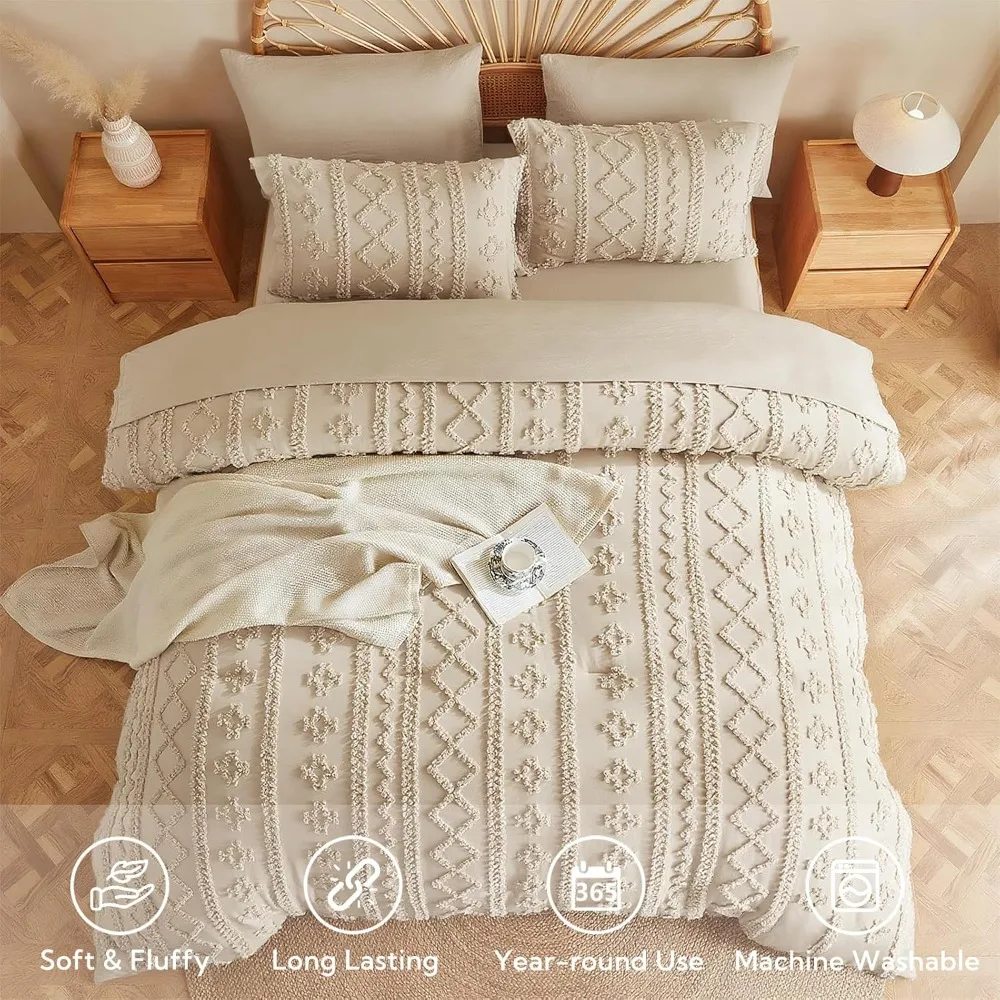 Beige Comforter Set Queen, Tufted Boho Bedding Set, Farmhouse Bed in a Bag Set 7 Pieces with 1 Comforter, 2 Pillow Shams