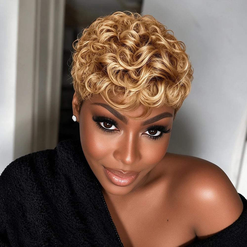 Blonde Short Egg Curly Wigs Pixie Cut Wigs Human Hair with Bangs for Women Bazilian Remy Hair Natural Look Full Machine Made Cap