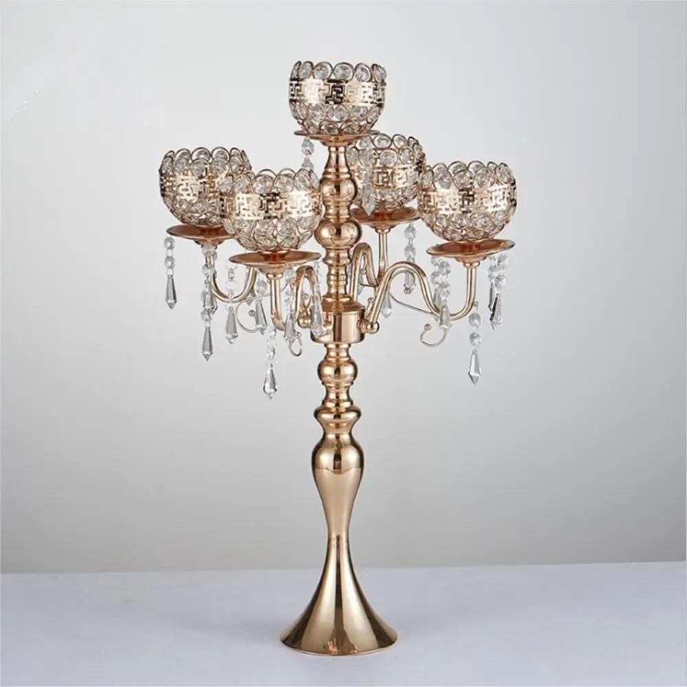 

63 cm Tall 5-arms Metal Gold Candelabras With Pendants Romantic Wedding Table Candle Holder Home Decoration 10 pcs/lot