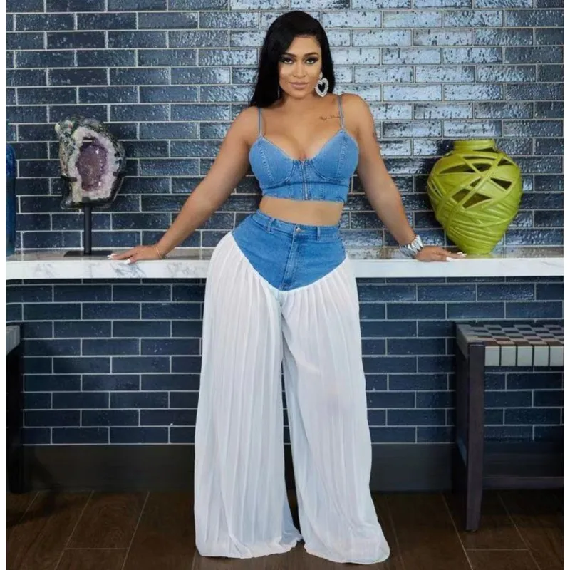 

Women's Two-Piece Set Summer Camisole V-neck Vest+Pleated Denim Chiffon Pants Sets
