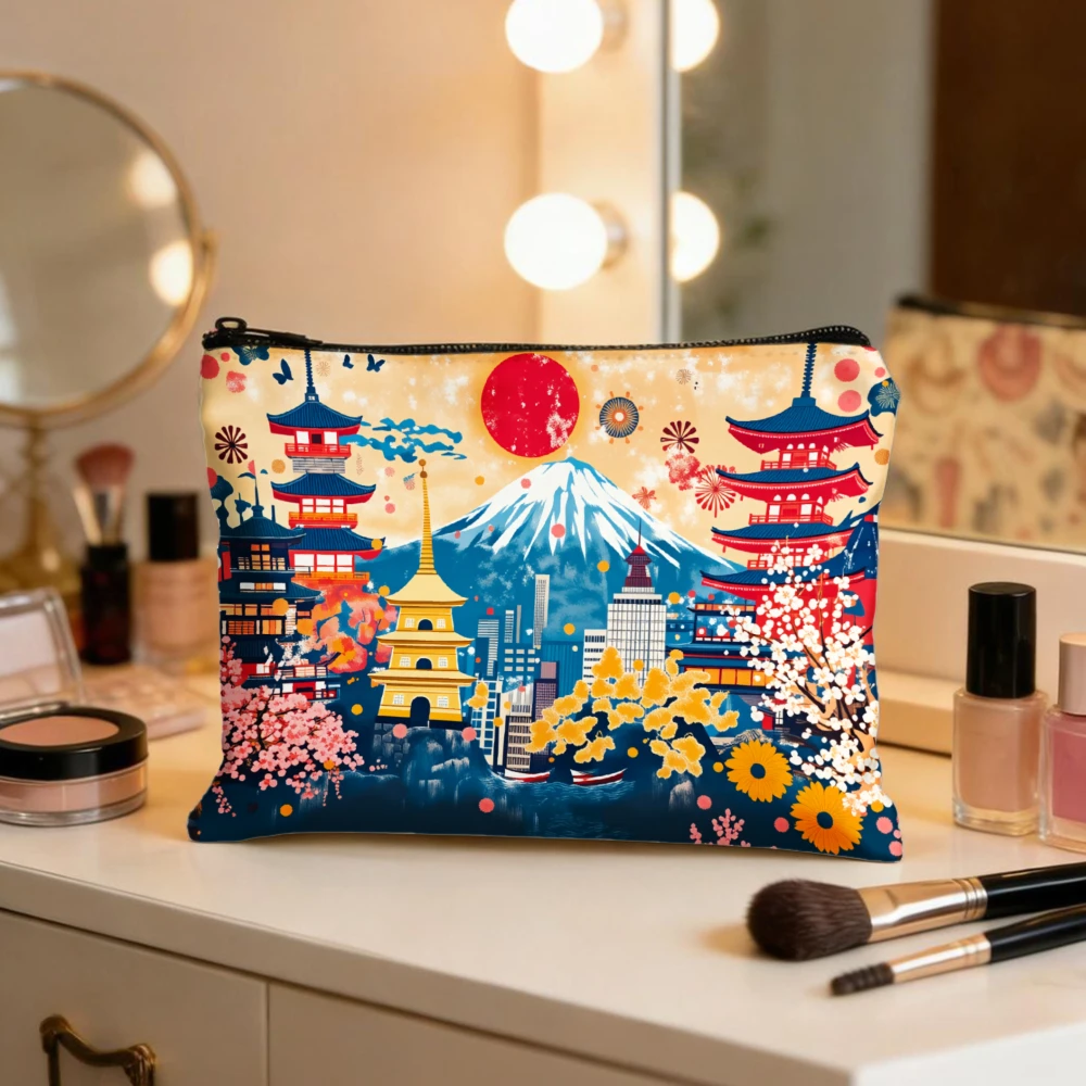 Mount Fuji Pagoda Cherry Blossom Sun Makeup Bags for Girls Cosmetic Pouch Toiletry Bag Pencil Case Travel Storage