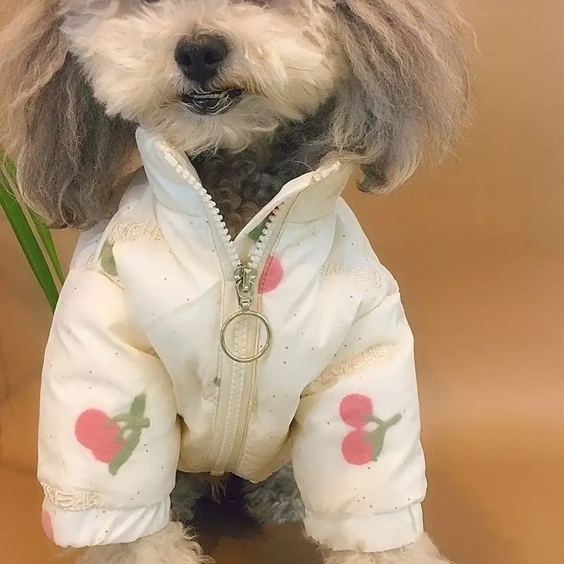 New Ins Winter Dog Clothes White Cherry Warm Coat Cotton High Collar Zipper Dog Jacket Dog Christmas Clothes Fashion Design