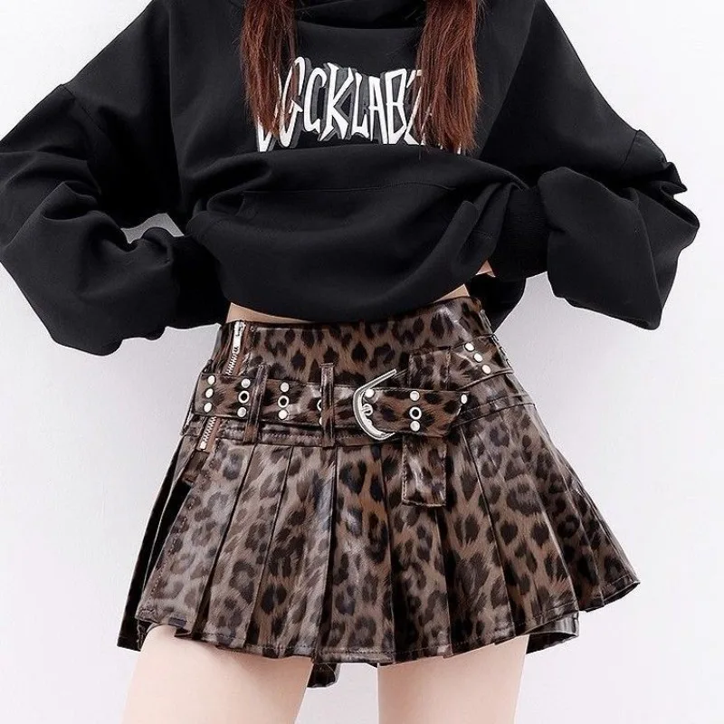 Sexy Leopard Printed Pu Leather High Waist Pleated Skirt for Women