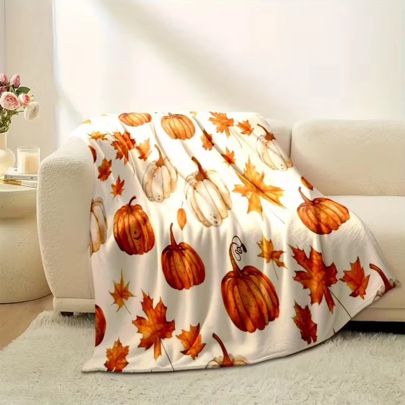 

1pc Plush Flannel Blanket: Pumpkin Leaf Print (Autumn Colors), Soft Lightweight - Farmhouse Fall/Halloween/Thanksgiving Decor