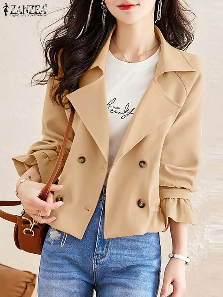 

ZANZEA Fashion Women Jackets Spring Lapel Neck Long Sleeve Work Thin Coats Casual Ruffles Outwear Female Solid Chaqueta 2024