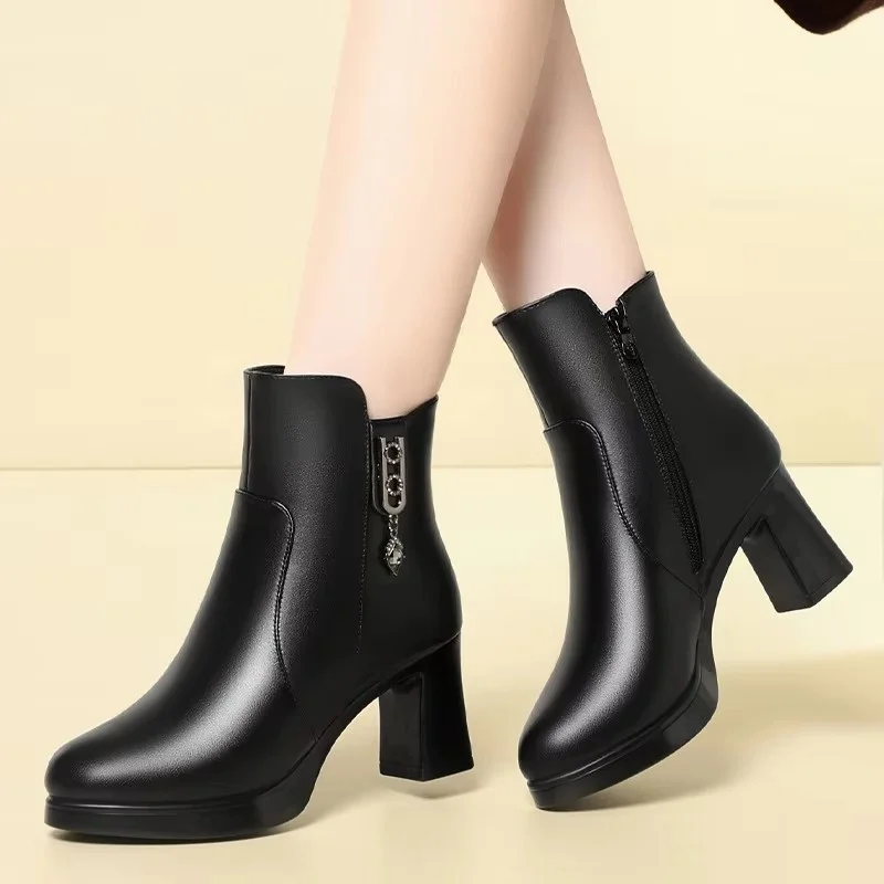 

7cm 9cm Elegant Women's Block High Heels Shoes Platform Boots Winter 2024 Black Soft Leather Warm Fur Ankle Boots for Office Mom