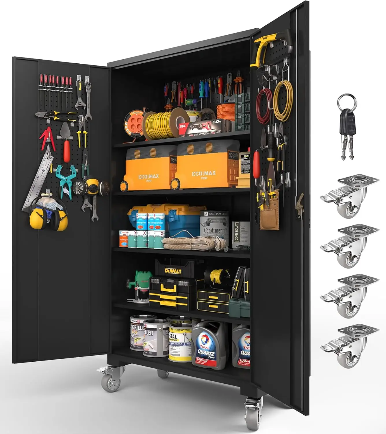 Wide Metal Storage Cabinet with Doors & 4 Adjustable Shelves | Heavy-Duty Black Lockable Garage Cabinet