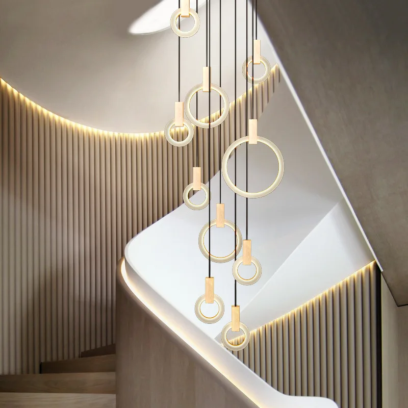 Nordic simple post-modern personalized apartment villa living room, spiral staircase long chandelier c