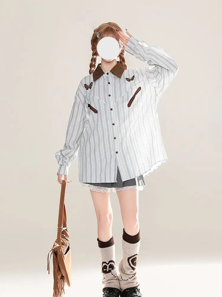 

Japan Butterfly Embroidered Striped Long-Sleeved Shirt For Women Spring And Autumn New Loose Shirt Top Jacket Design