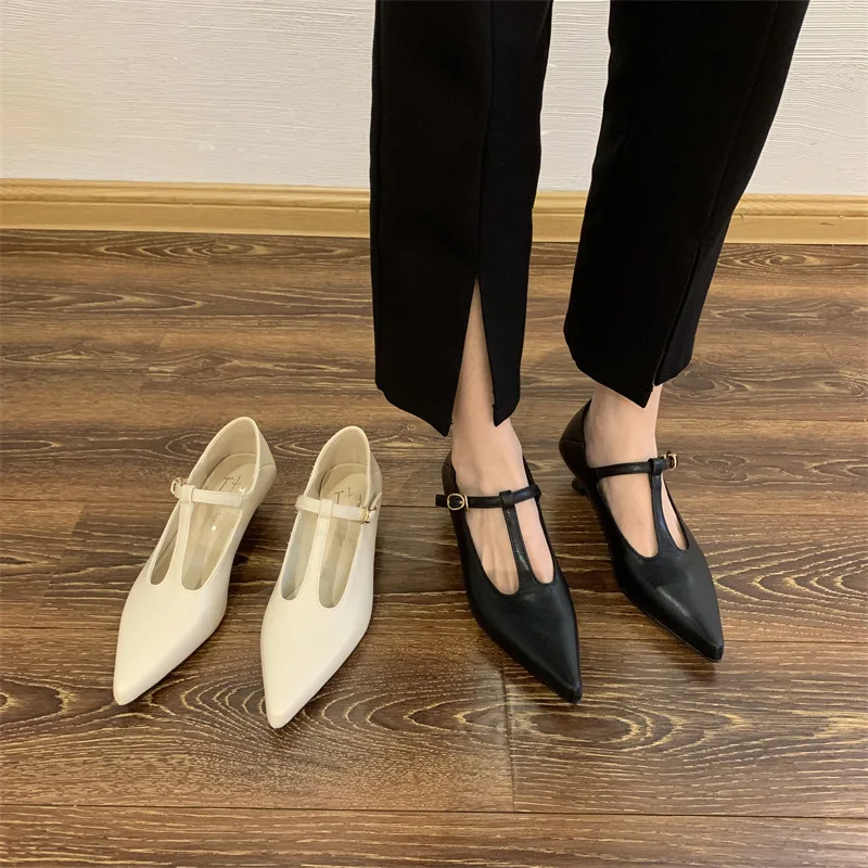 Pointed Toe Shoes Woman Flats Casual Female Sneakers Low Heels Oxfords Shallow Mouth Dress Leather New Rubber Leisure Buckle Str