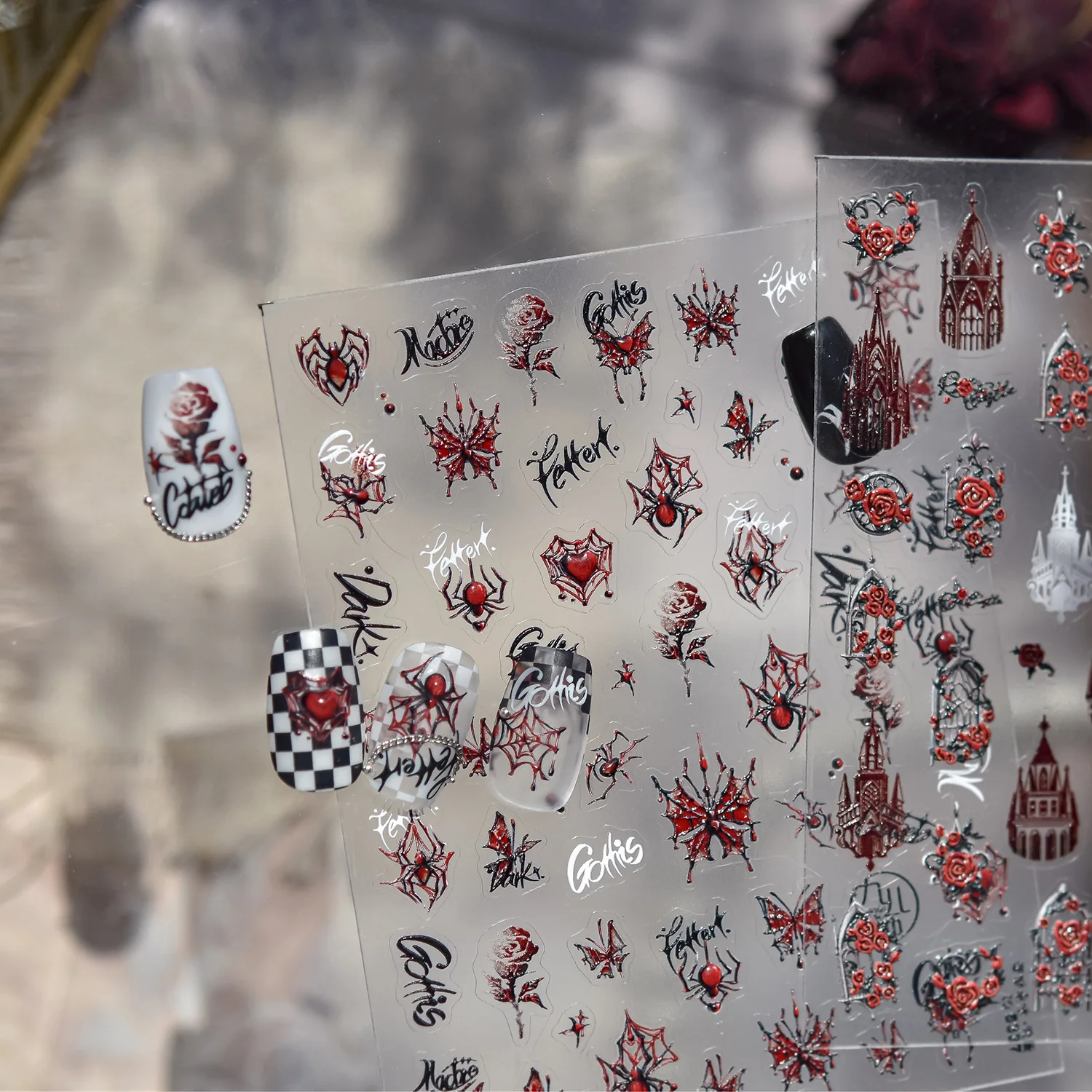 5D Embossed Dark Blooding Red Butterfly Spider Web Gothic Church Castle Nail Art Stickers Decals Manicure Halloween Charms