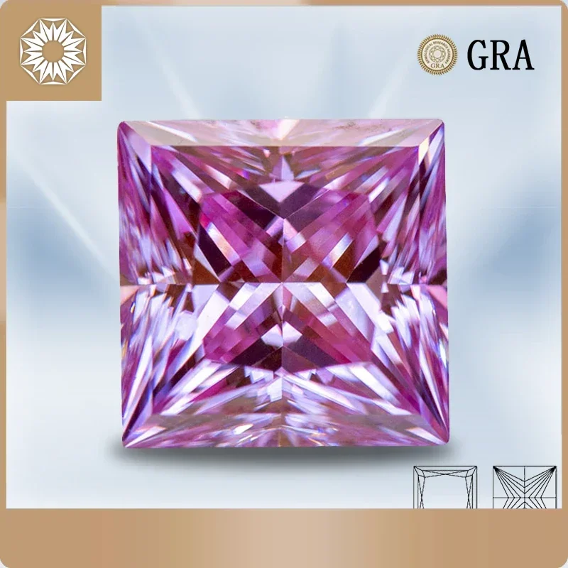 Moissanite Loose Stone Princess Cut Sakura Pink Colour Lab Created Diamond Gemstone Pass Diamond Tester with GRA Certificate