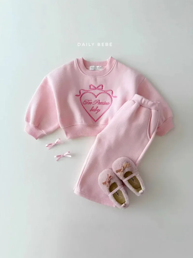 2025 Spring New Children Long Sleeve Clothes Set Baby Girls Heart Embroidery Sweatshirt + Pants 2pcs Suit Kids Sports Outfits