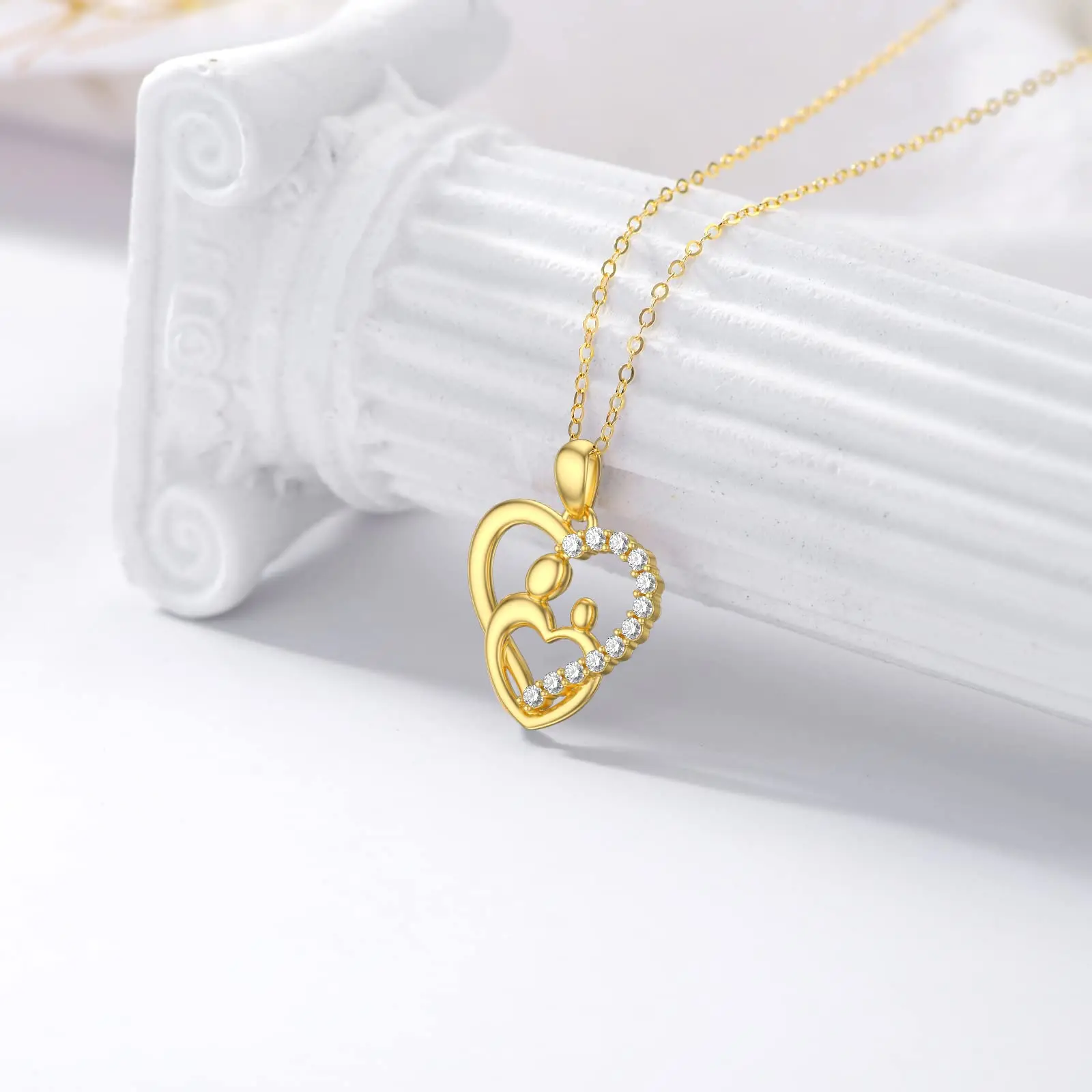 YFN 14K Real Gold Heart Necklace 0.6 carat(cttw) Moissanite for Women Yellow Gold Mother Child Pendant Necklace Jewerly Gifts