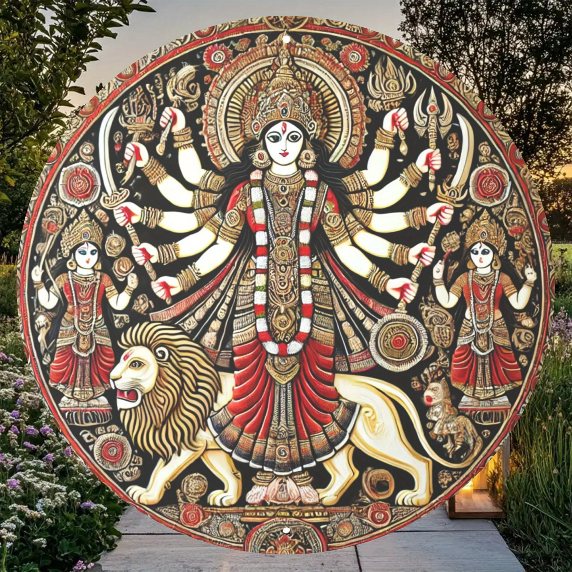 

2D Flat, Vintage Indian Goddess Durga Wall Art, 8x8In/11.8x11.8In Round Aluminum Plaque with Intricate Traditional Design