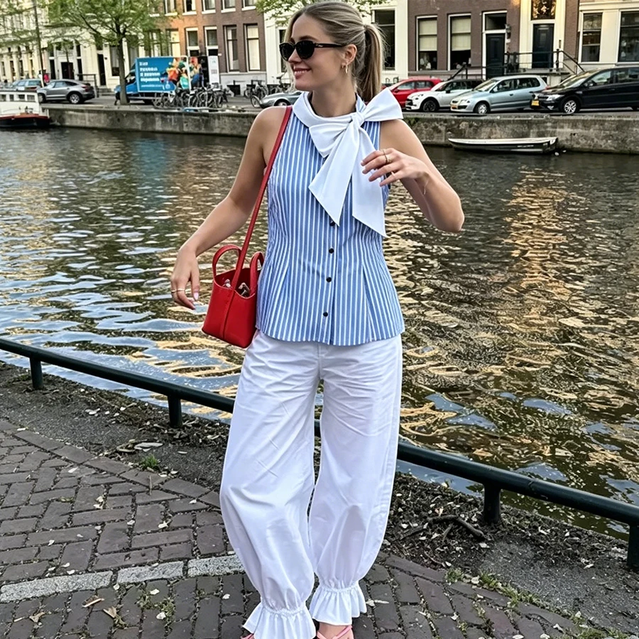 

Women New Music Festival Chic Blouse Women's Loose Fit Striped Shirt Bow Single Breasted Simple Casual Female Top