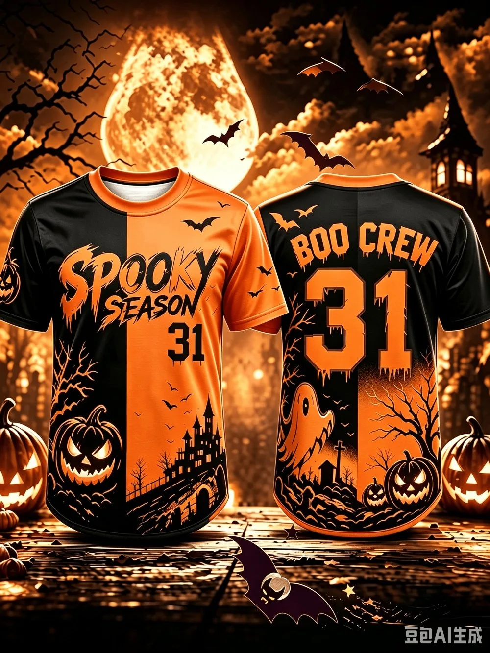 Rosa-Schwarzes geteiltes Halloween 3D-gedrucktes Jersey T-Shirt „Spooky Season Boo-Crew 31“ mit Kürbis-, Geister- und Fledermaus-Motiven, Gothic-Herbst-Party-Sport-T-Shirt – Detail 5