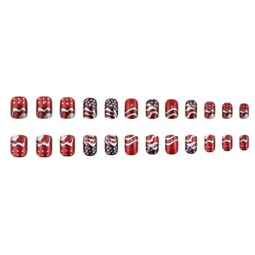 

2026 new simple 24-piece Independence Day sparkling manicure red and silver lines stars short square wear nails