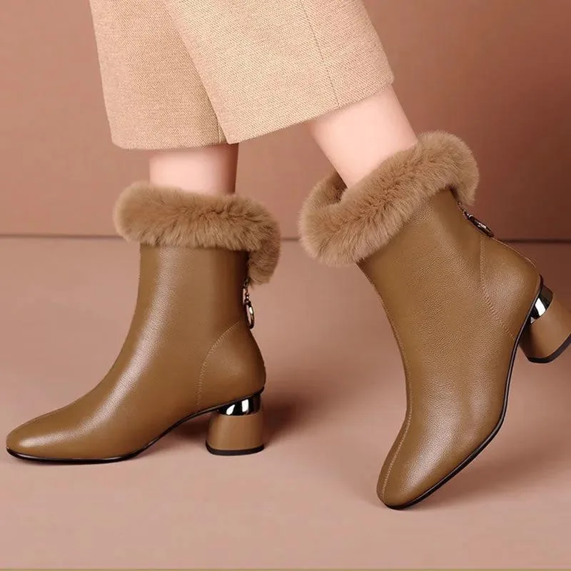 2025 Winter New British Style Ankle Boots for Women | Pointy Toe & Furry Collar | Plush Fleece Lined Leather Fashion Boots