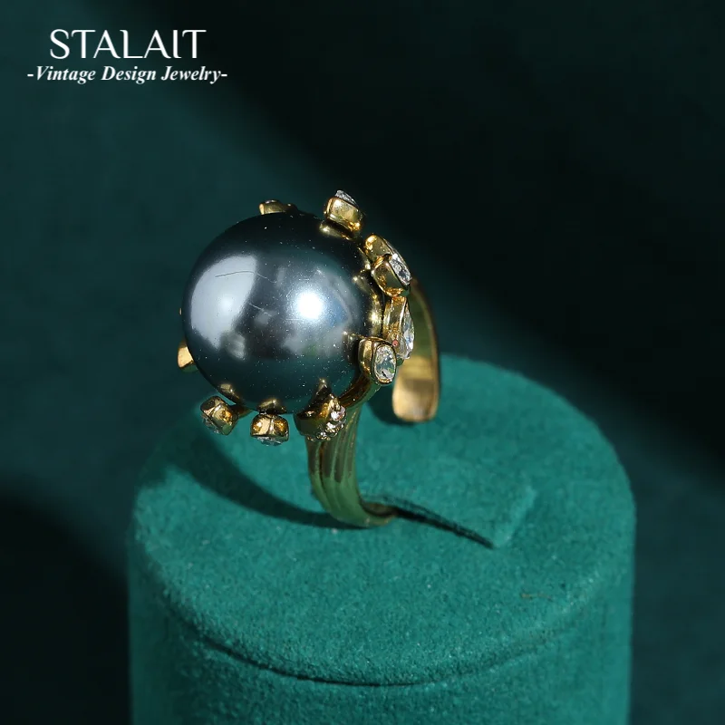 

Vintage Rhinestone Grey Pearl Ring In Real 18k Gold Color Round Wedding Jewelry Bridal 2025 Party Luxury Quality Brands New