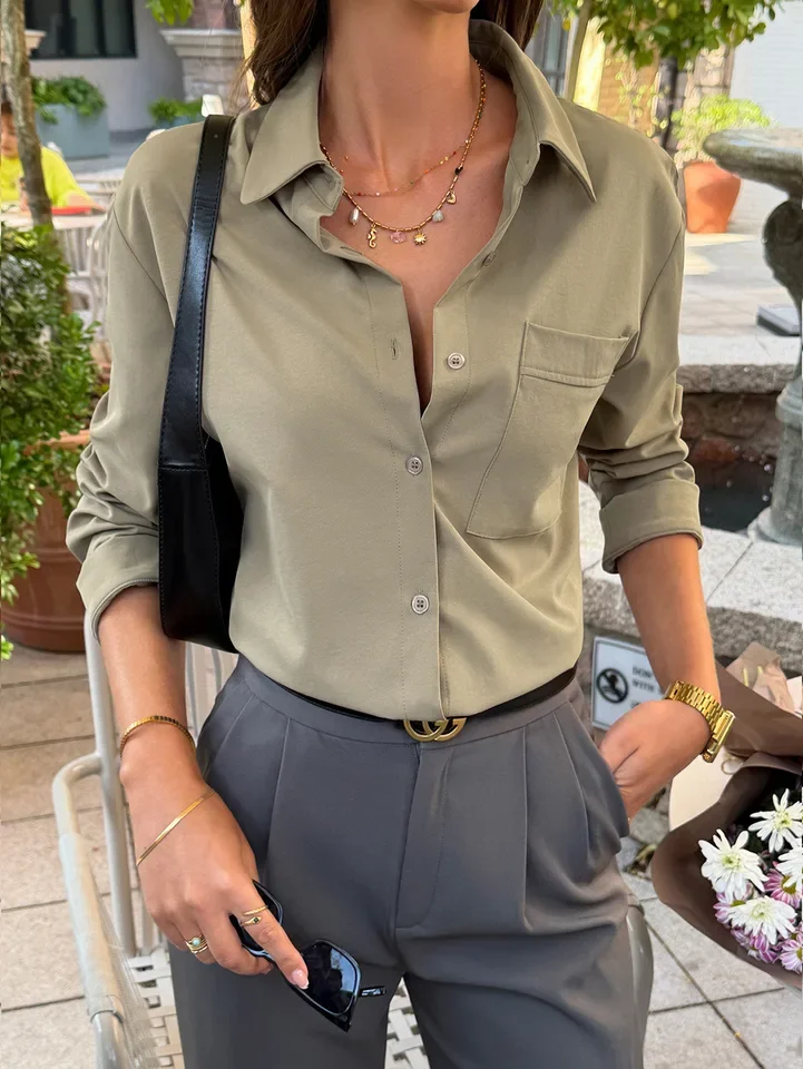

2026 Summer Elegant Commuting Casual Solid Color Collar Single Breasted Shirt Top Women's Wear