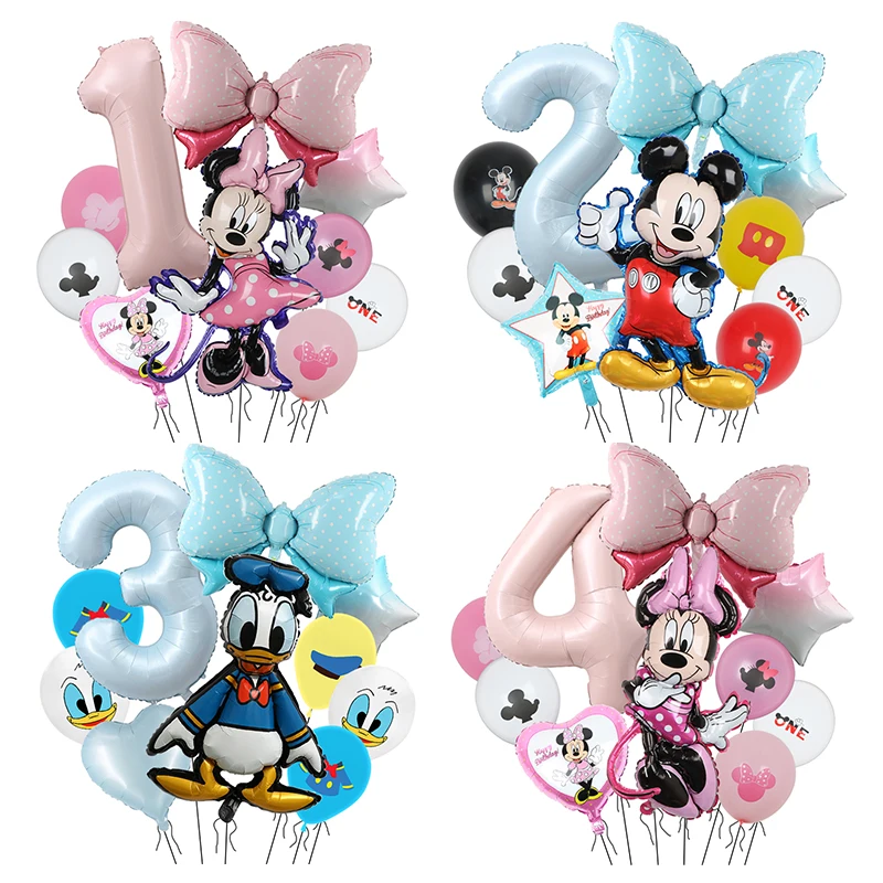 1Set Mickey Minnie Donald Duck Bow Balloon Number 1-9th Foil Balloons Baby Shower Kids Girl Birthday Party Decorations Balloon