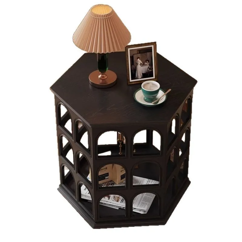 

American retro solid wood hollow coffee table, living room, arches next to sofa, household round table display, storage