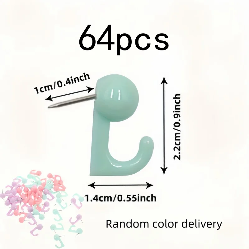 64 pcs Random Color Push Pin Hooks, Sturdy and Easy to Install, for Corkboards and Home Wall Decor, Durable and Practical