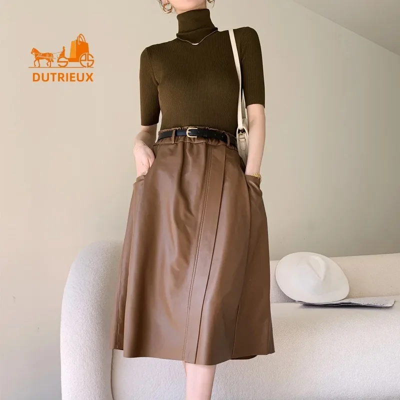 High-end 100% Sheepskin Skirt for Women, New Style Cowhide High Waist Mid-length Genuine Leather A-line Skirt for Work in Winter