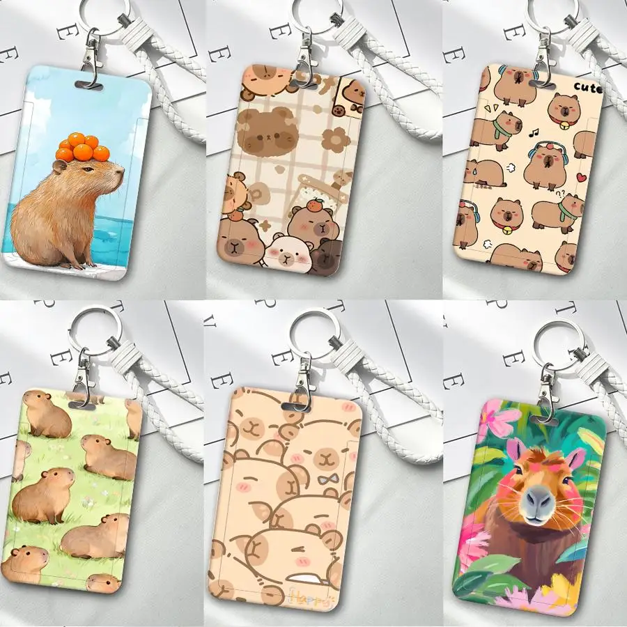 Cartoon Capybara 1Pc Card Holder Retractable Credit Card Holders Holders Child Bus with lanyard Badge Bank ID Cover Case