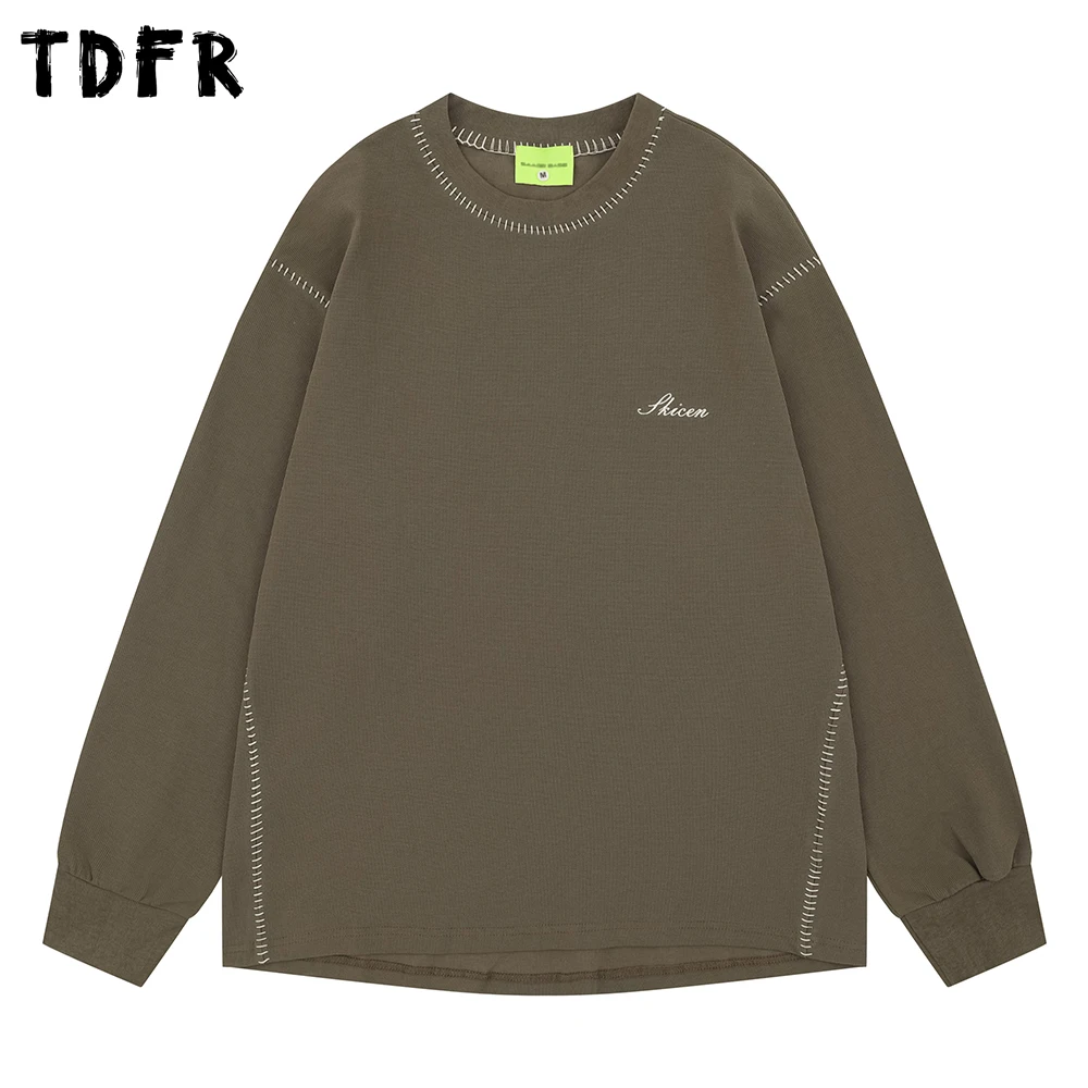 

Letter Embroidery Waffle Texture T-shirt Mens Autumn Retro Casual Loose Cotton Long Sleeve Crew Neck Tee Man