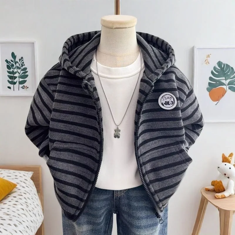 Kids Fleece Jacket 2026 Fall Winter New Korean Boys Striped Hooded Cardigan Sweatshirt Baby Casual Top